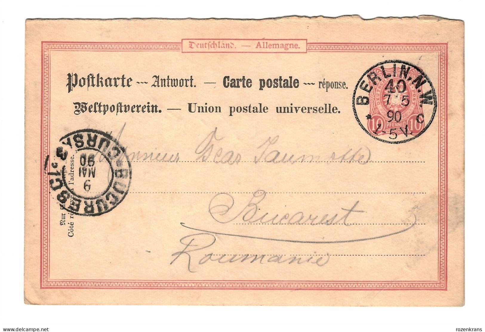 EP E.P. Entier Postale Ganzsache Deutsche Reichspost Kartenbrief 1890 BERLIN N.W. Postwaardestuk Naar București Romania - Cartes Postales