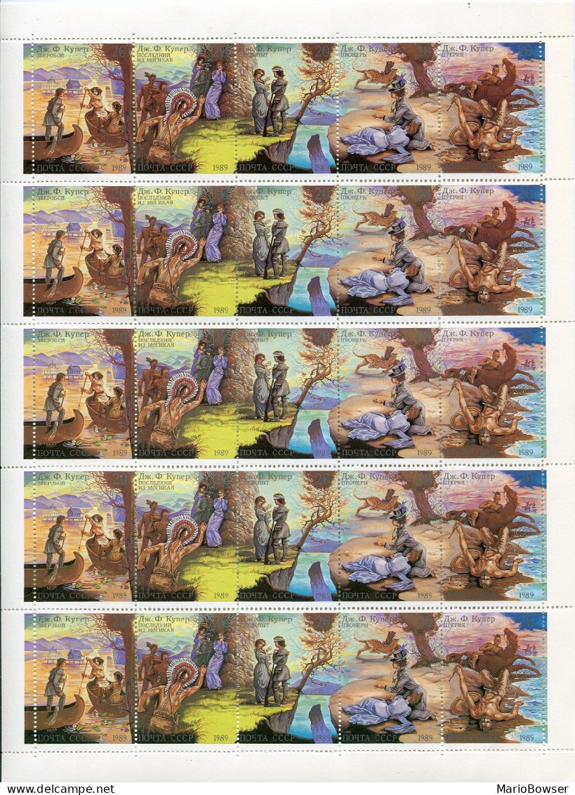 Russia 5822-5826a Sheet, MNH. Michel 6009-6013. James Fenimore Cooper, 1989. - Unused Stamps
