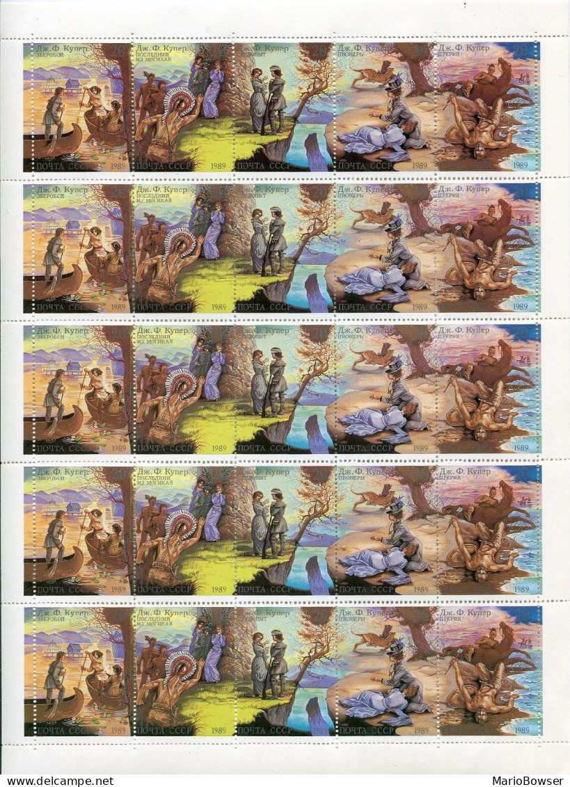 Russia 5822-5826a Sheet, MNH. Michel 6009-6013. James Fenimore Cooper, 1989. - Nuovi