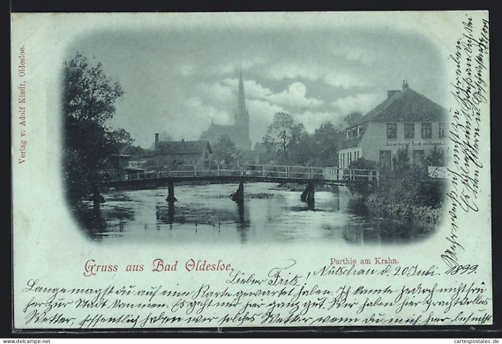 Mondschein-AK Bad Oldesloe, Gasthaus Zum Krahn Mit Brücke, Im Hintergrund Kirche  - Bad Oldesloe