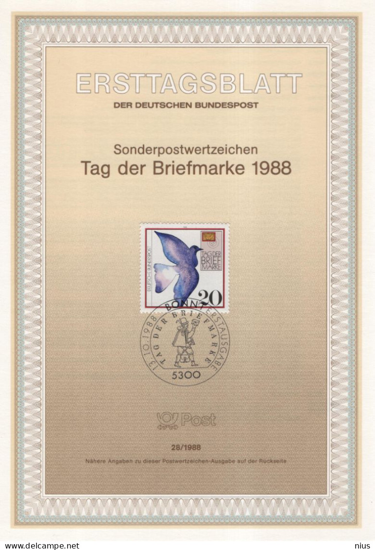 Germany Deutschland 1988-28 Tag Der Briefmarke, Stamp Day, Post Bird Birds Dove, Canceled In Bonn - 1981-1990