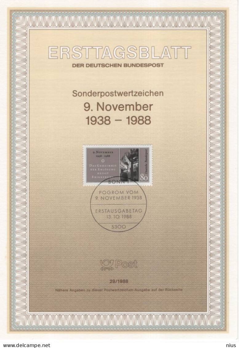 Germany Deutschland 1988-29 Pogrom Vom 9. November 1938, Das Geheimnis Der Erlosung Heist Erinnerung, Canceled In Bonn - 1981-1990