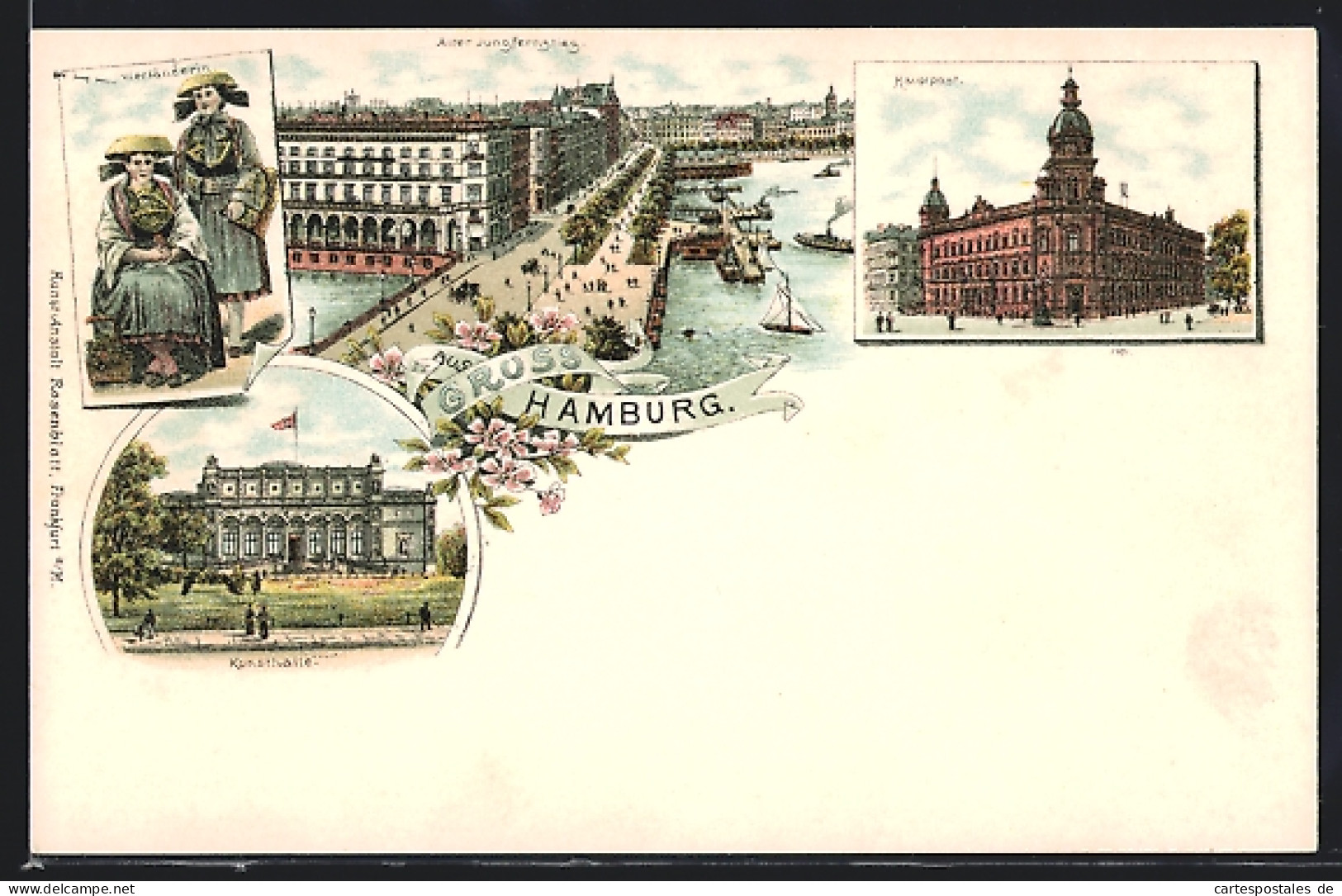 Lithographie Hamburg, Hauptpost, Kunsthalle, Alter Jungfernstieg  - Mitte