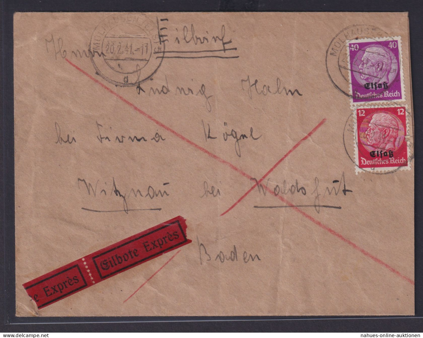 Besetzung Elsaß Eilboten Brief MIF Hindenburg Mülhausen Nach Witznau Waldshut - Ocupación 1938 – 45