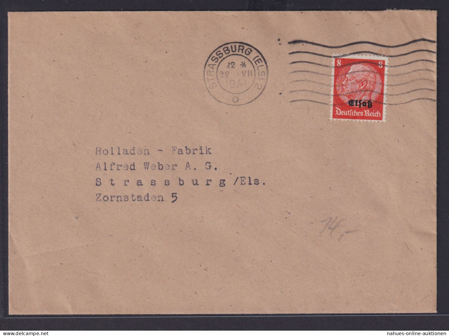 Besetzung Elsaß Brief EF 8 Pfg. Hindenburg Ab Strassburg 28.7.1941 - Ocupación 1938 – 45