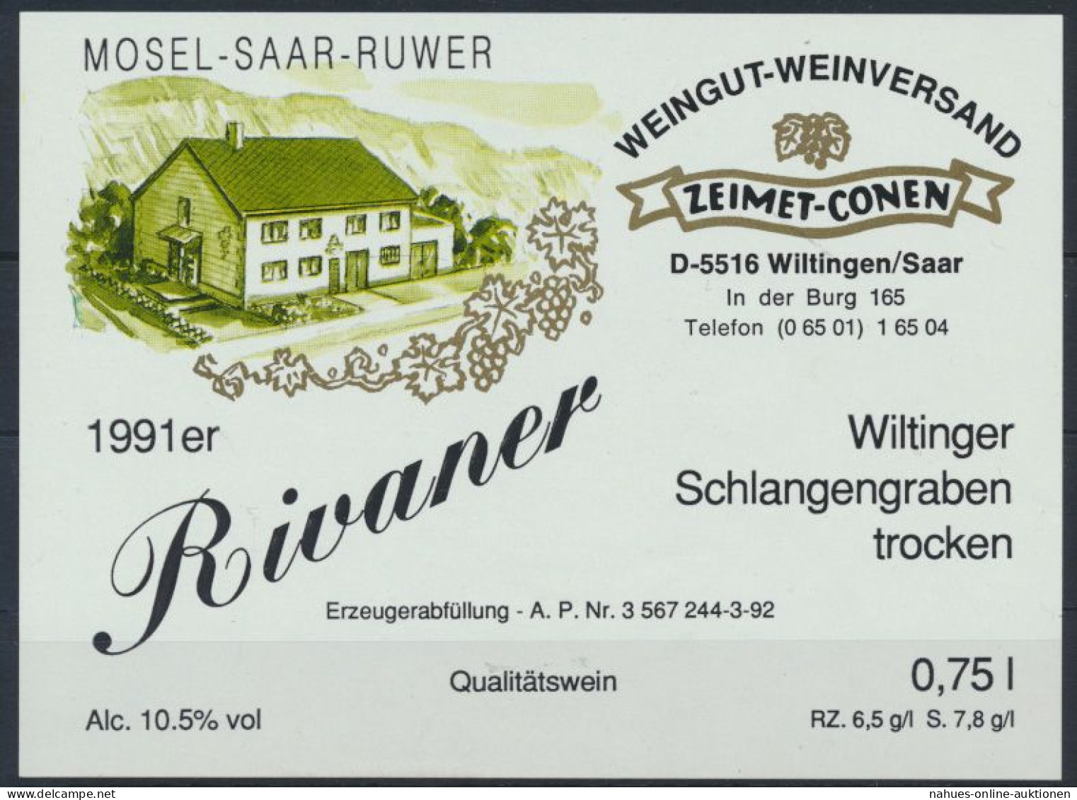 Alkohol Weinettikett Weingut Zeimet Conen Wiltingen Saar 1991er Ungebraucht - Other & Unclassified