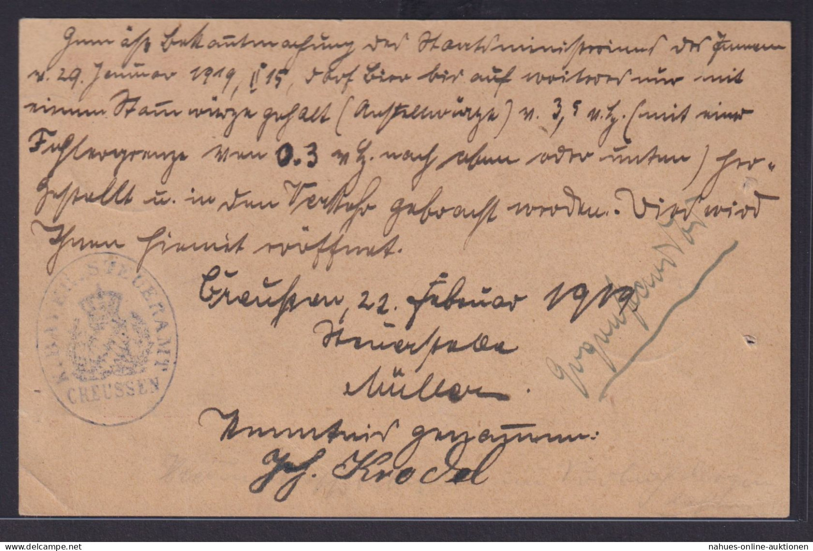 Altdeutschland Bayern Diesnt Ganzsache 10 Pfg. Wappen Creussen 24.2.1919 - Interi Postali