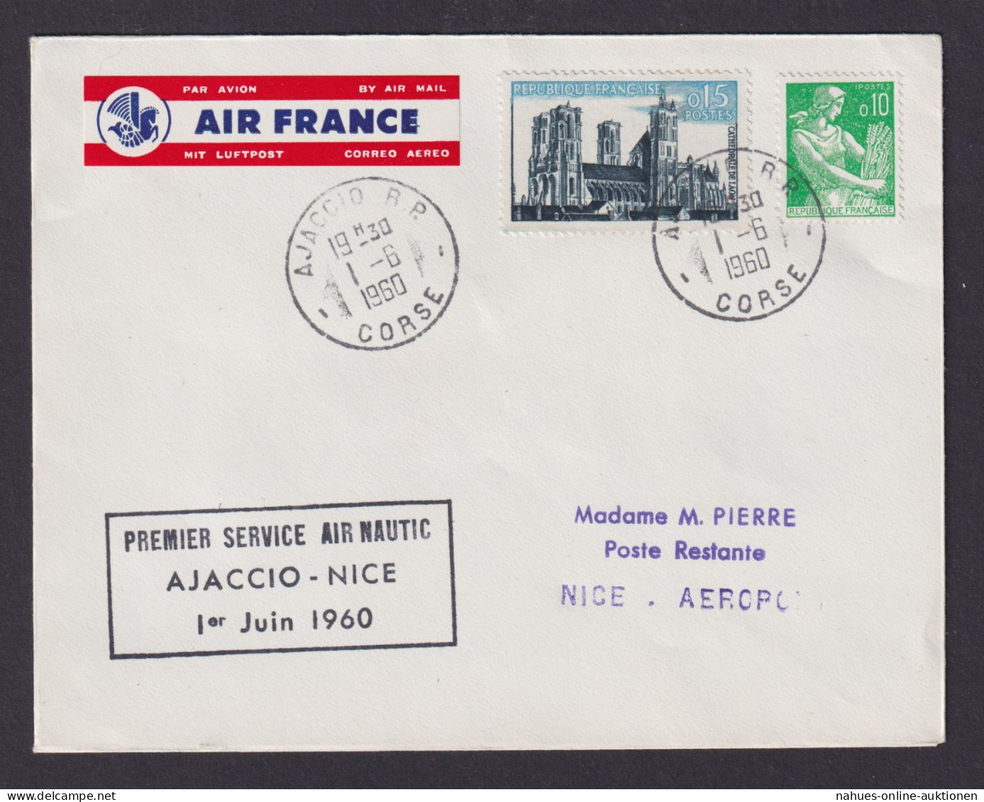 Flugpost Brief Air Mail Air France Ajaccio Frankreich Erstflug Nizza 1.6.1960 - Briefe U. Dokumente