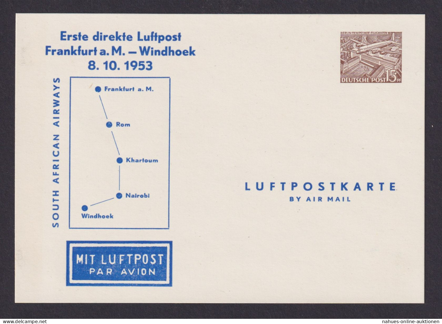 Flugpost Brief Air Mail Berlin Privatganzsachw 15 Pfg. Bauten Erstflug Windhoek - Cartes Postales Privées - Oblitérées