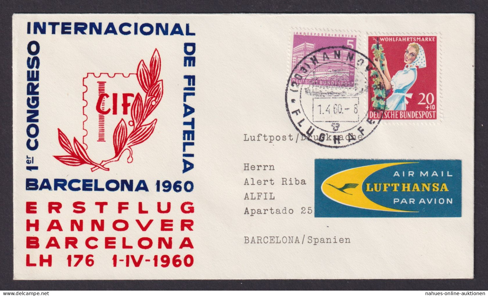 Flugpost Brief Air Mail Bund Erstflug Lufhansa LH176 I-IV Hannover Barcelona - Covers & Documents