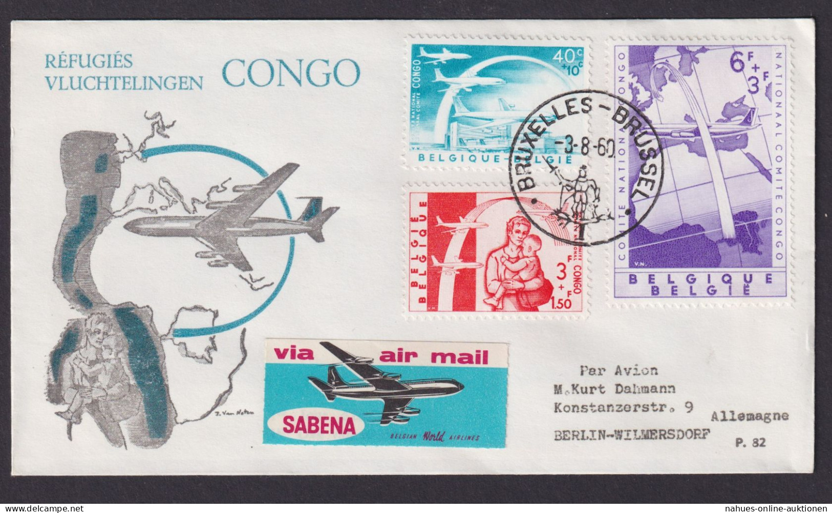 Flugpost Air Mail Brief Sabena Belgien Kongo An Berlin Wilmersdorf 3.8.1960 - Otros & Sin Clasificación