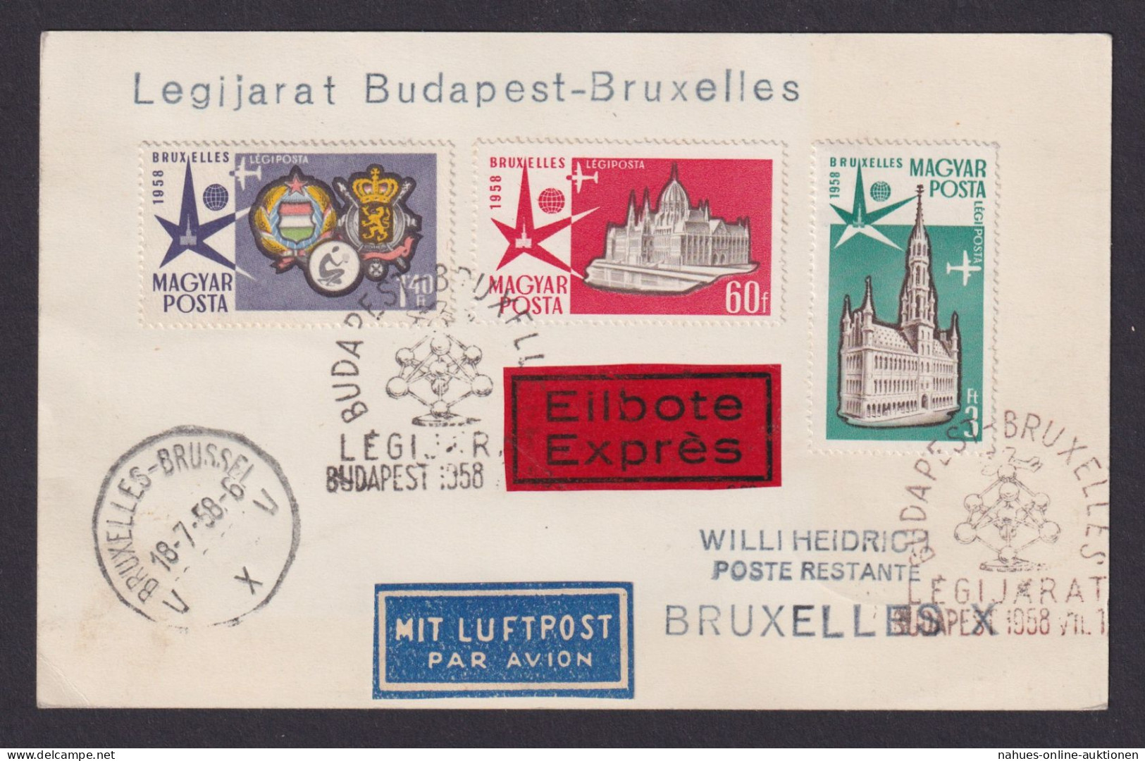 Flugpost Brief Air Mail Ungarn Legijarat Budapest Brüssel Eilbote 18.7.1958 - Storia Postale
