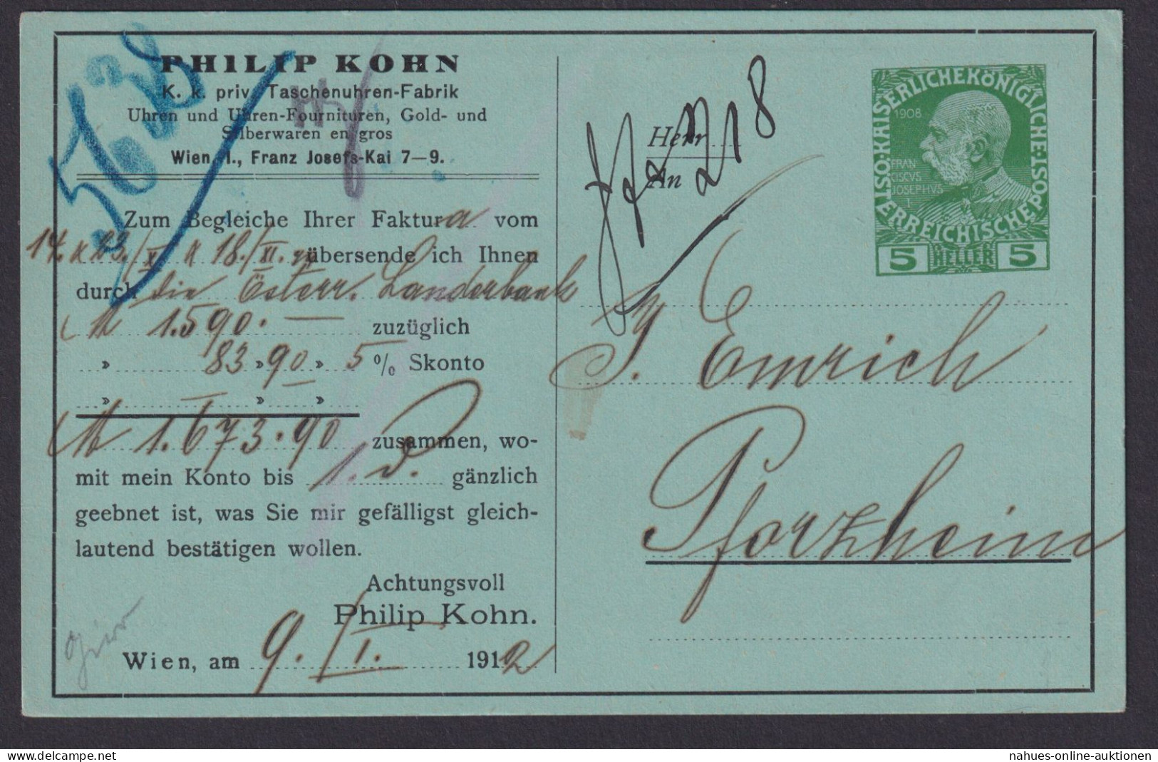 Österreich Privatganzsache Kaiser Franz Joseph Philip Korn Wien Taschenuhren - Covers & Documents