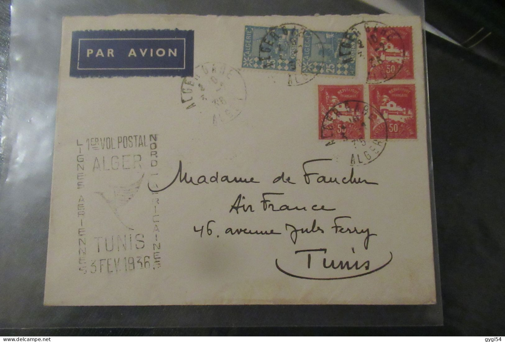 Algérie - 1er Vol Postal ALGER TUNIS 3 Février 1936 - Posta Aerea