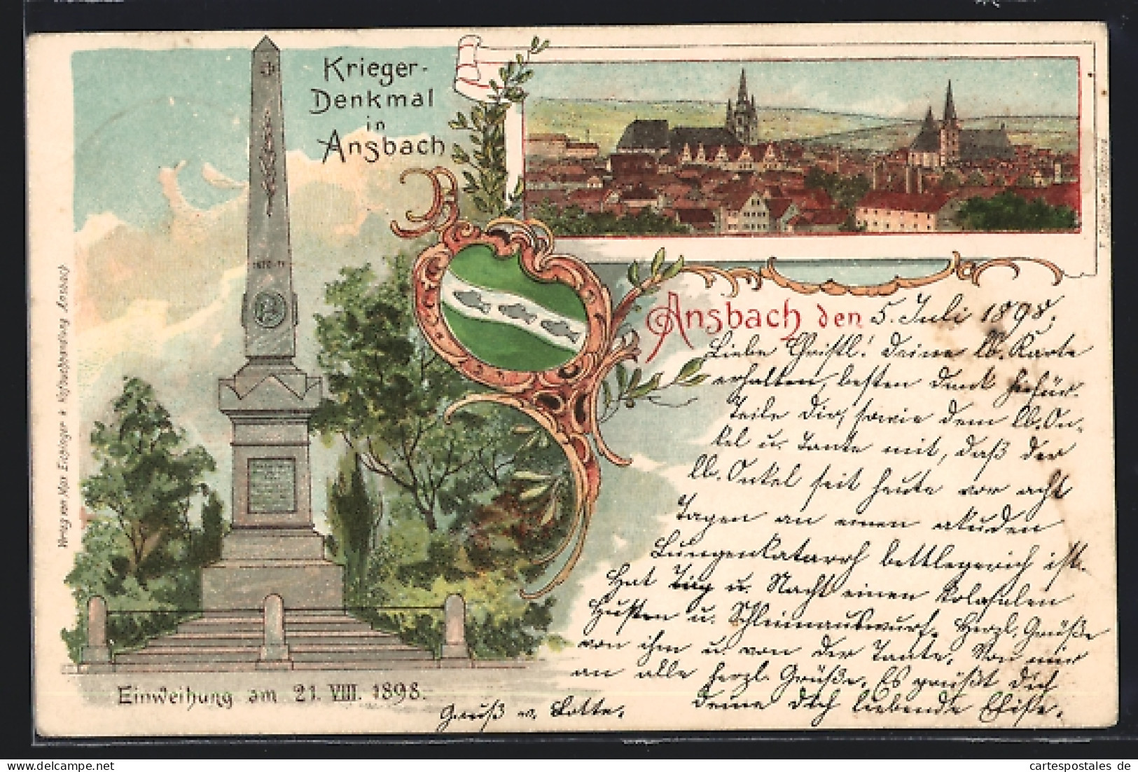 Lithographie Ansbach / Mfr., Kriegerdenkmal, Totalansicht  - Ansbach