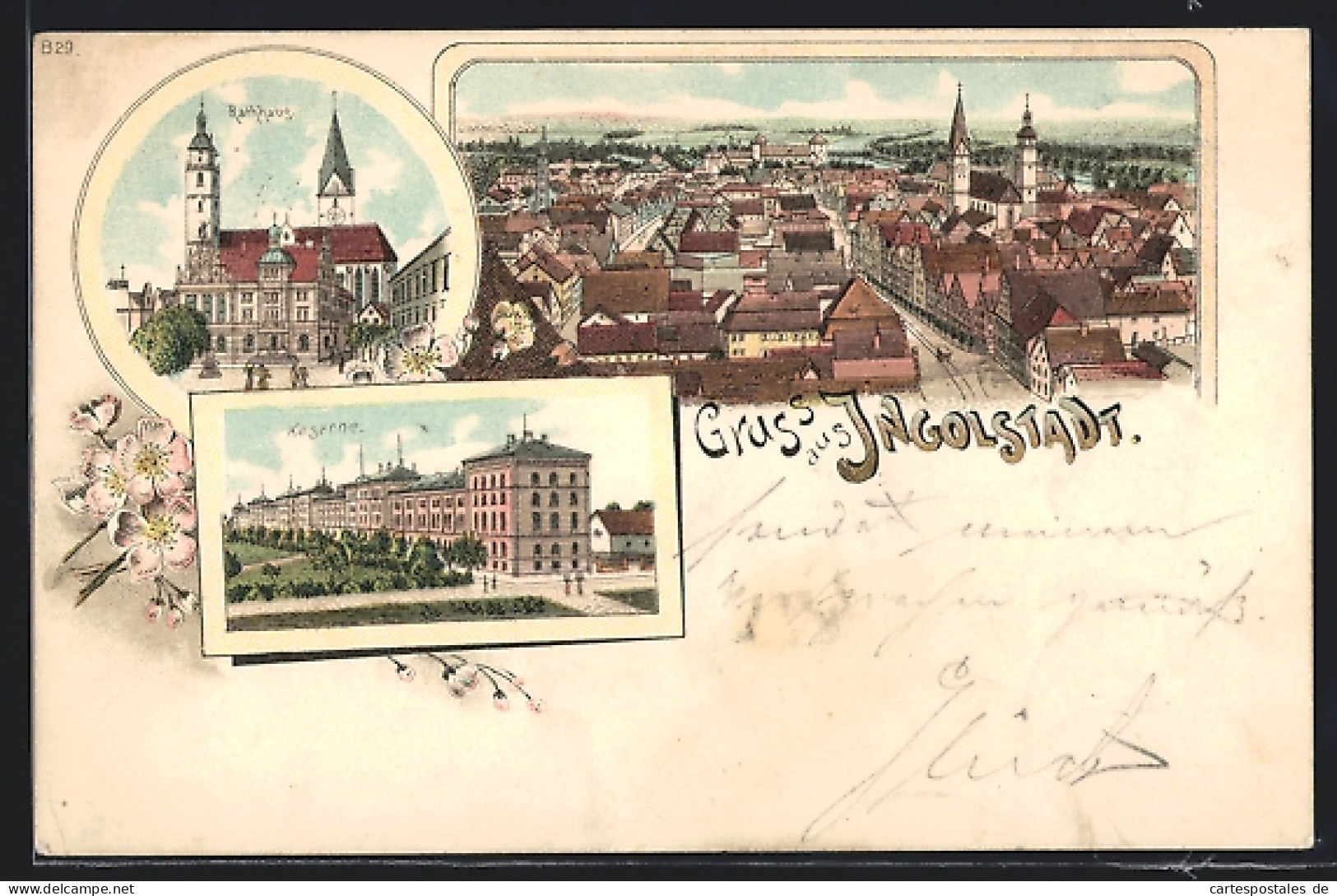 Lithographie Ingolstadt, Rathaus, Kaserne, Stadtpartie  - Ingolstadt