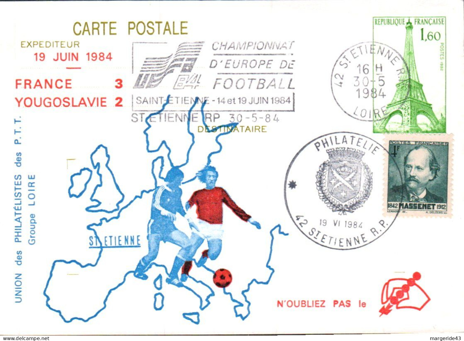 CHAMPIONNAT DU MONDE FOOTBALL SAINT ETIENNE 1984 FRANCE-YOUGOSLAVIE - Commemorative Postmarks
