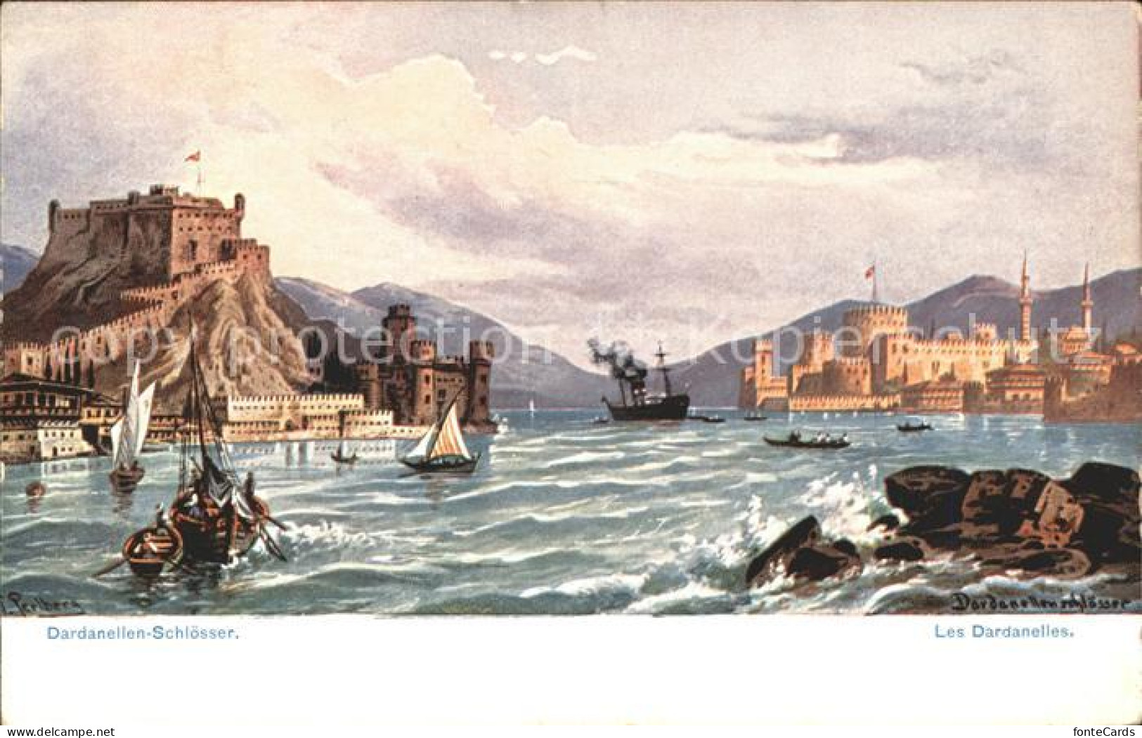 11660144 Dardanellen Dardanellen Schloesser Boot Meerenge Kuenstlerkarte  - Turkije