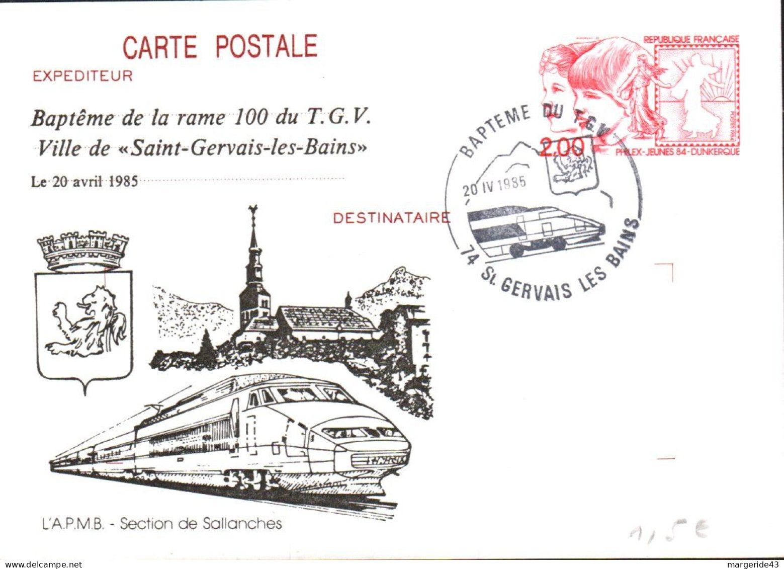 ENTIER PHILEX REPIQUE BAPTEME RAME 100 TGV VILLE DE GERVAIS LES BAINS 1985 - Commemorative Postmarks