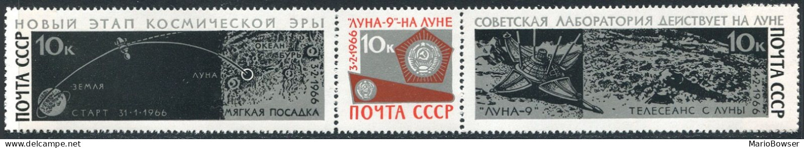 Russia 3274-3276a Strip, MNH. Michel 3296-3298. Luna-9,1966. Diagram Of Flight. - Neufs