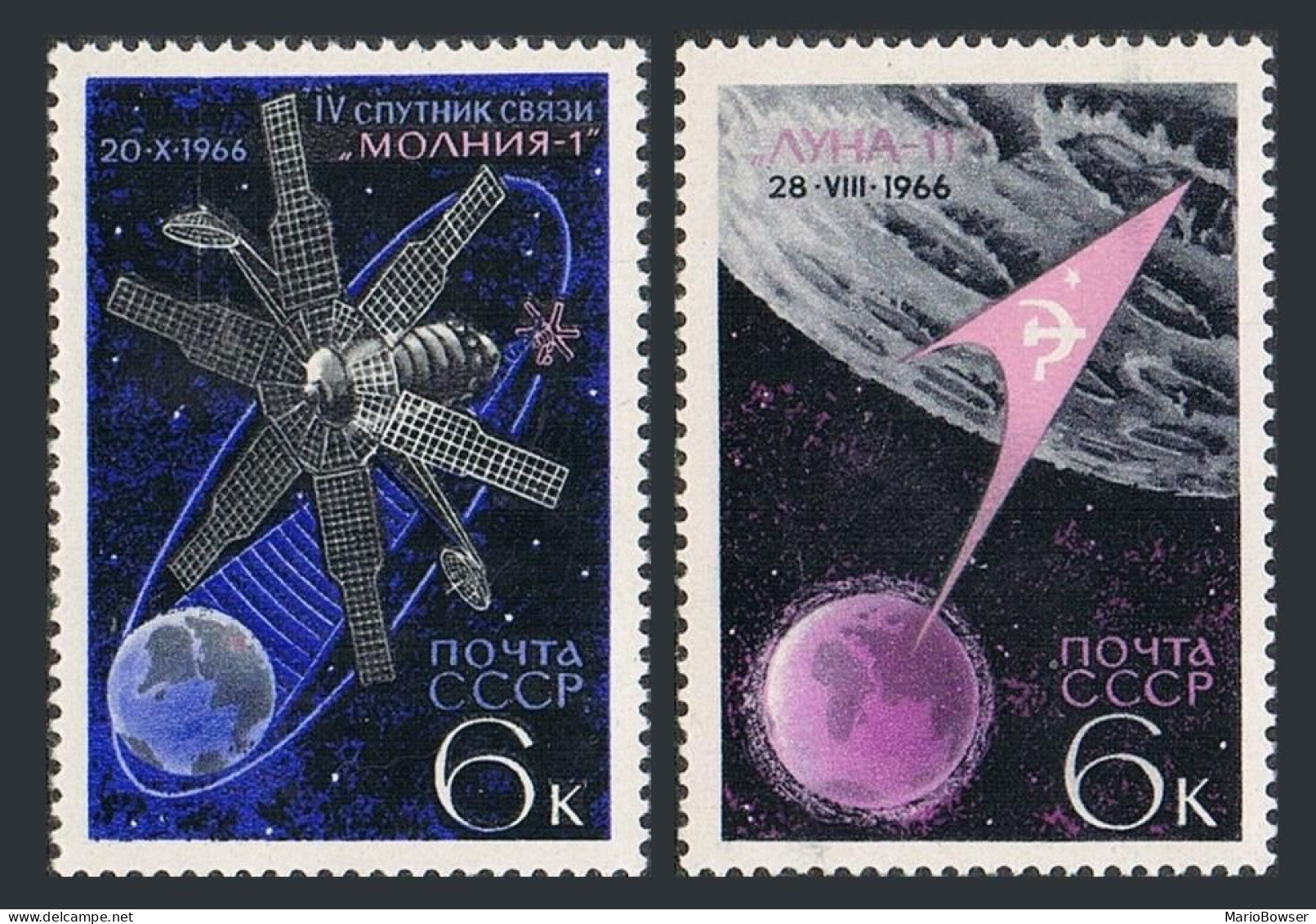 Russia 3288-3289,MNH.Michel 3311-3312.  Spacce,1966.Molniya 1,Luna 11 Moon Probe - Ongebruikt