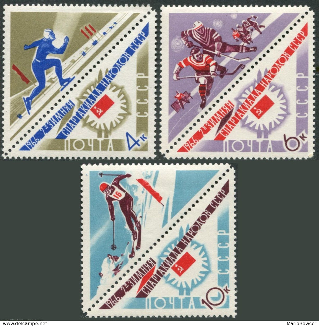 Russia 3176-3178 Blocks/4,MNH.Mi 3193-3195. Winter Spartacist Games,1966.Hockey. - Nuovi