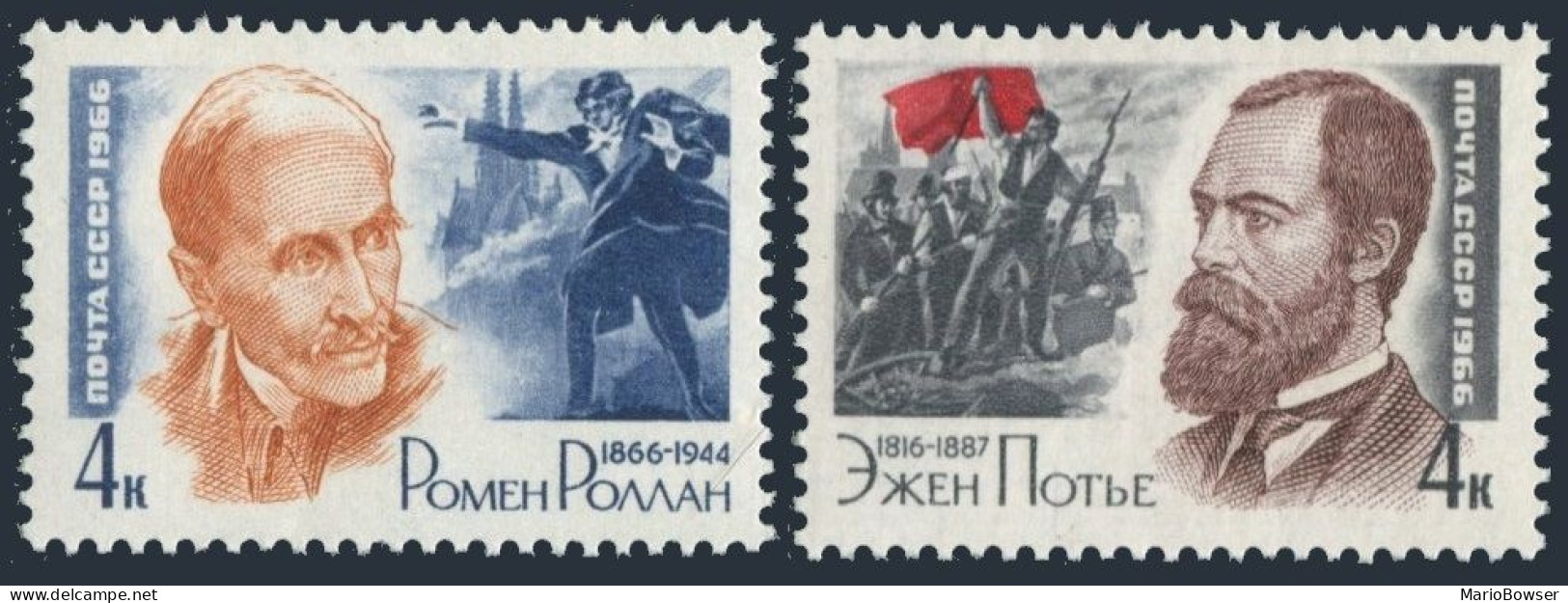 Russia 3154-3155 Bl./4,MNH.Michel 3178,3210. Romain Rolland,Eugene Pottier,1966. - Ongebruikt