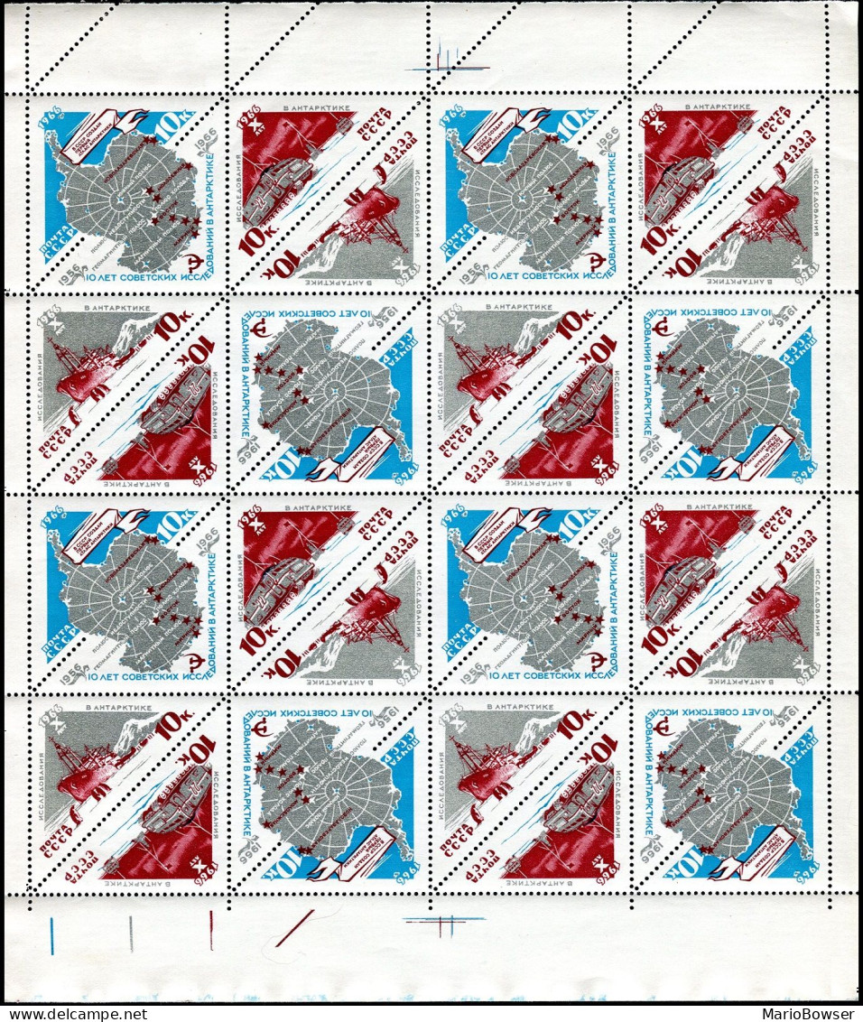 Russia 3162-3164a Sheet, MNH. Explorations-Antarctica-10,1966.Map,Ship - Unused Stamps