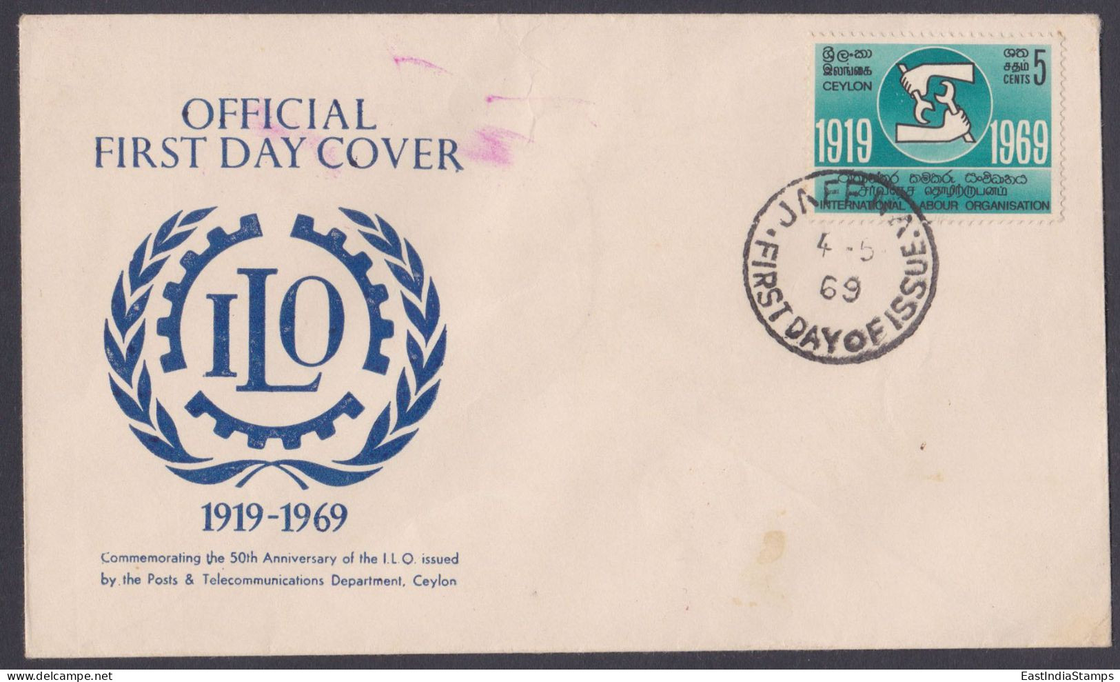 Sri Lanka Ceylon 1969 FDC ILO International Labour Union, First Day Cover - Sri Lanka (Ceylon) (1948-...)