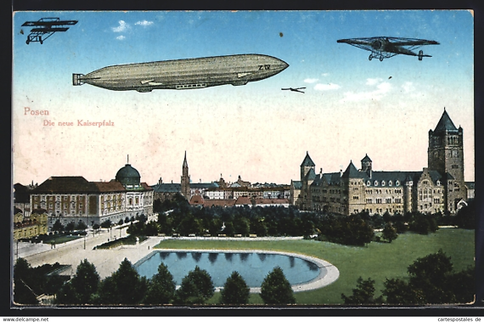 AK Posen / Poznan, Die Neue Kaiserpfalz, Teilansicht Mit Zeppelin Und Flugzeugen In Der Luft  - Posen