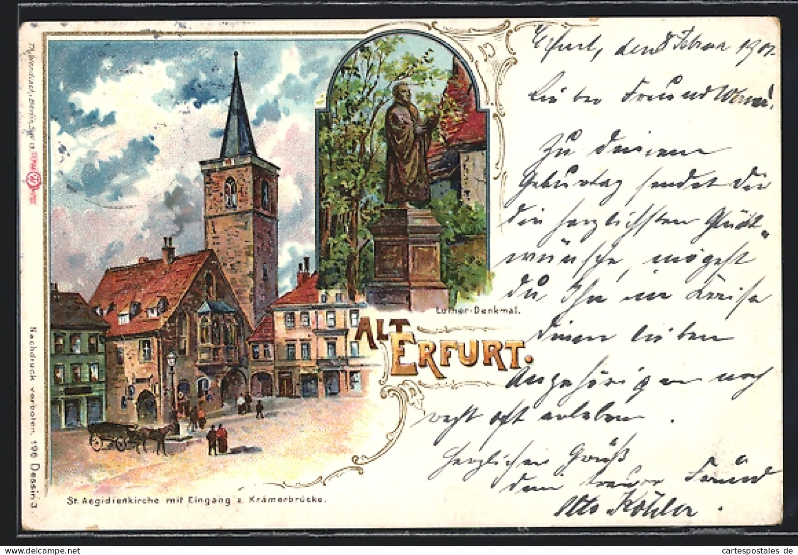 Lithographie Erfurt, Luther-Denkmal  - Erfurt