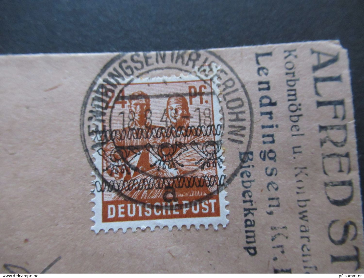 18.8.1948 Bizone Bandaufdruck Nr.44 I EF Firmen Stempel Alfred Stern Korbmöbel Lendringsen Kreis Iserlohn Bieberkamp - Lettres & Documents
