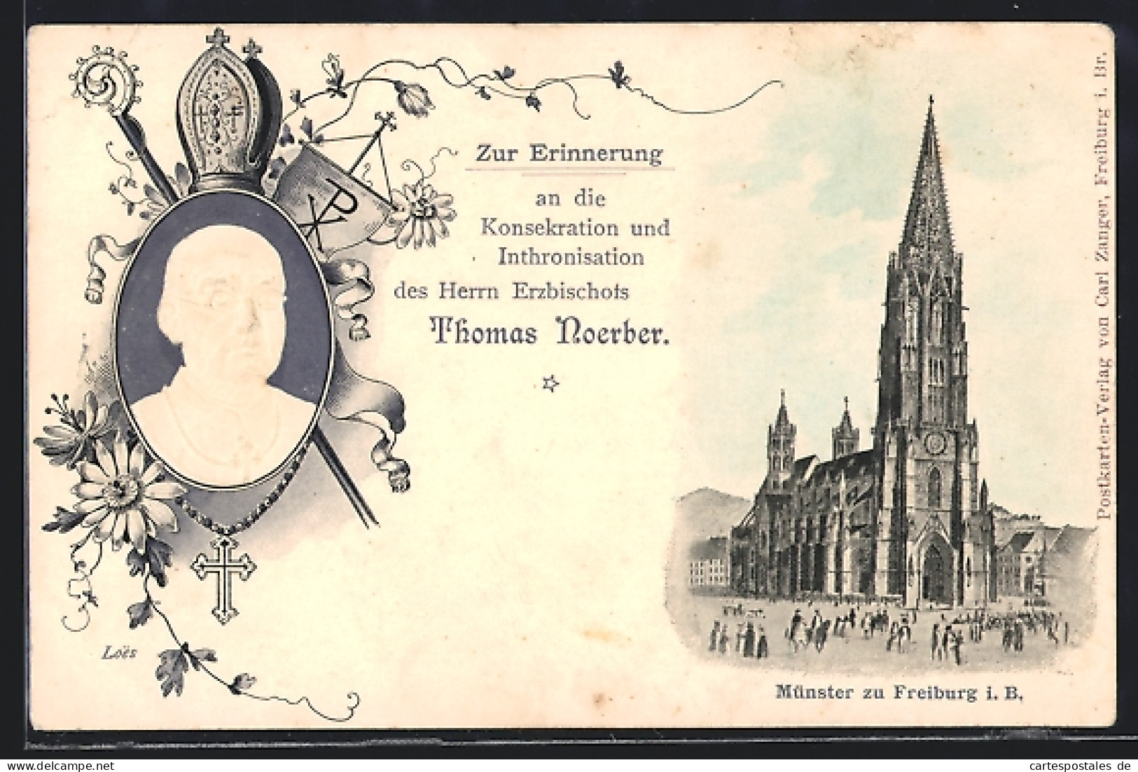 AK Freiburg /Br., Münster Mit Platz Und Portrait Erzbischof Thomas Noerber  - Freiburg I. Br.