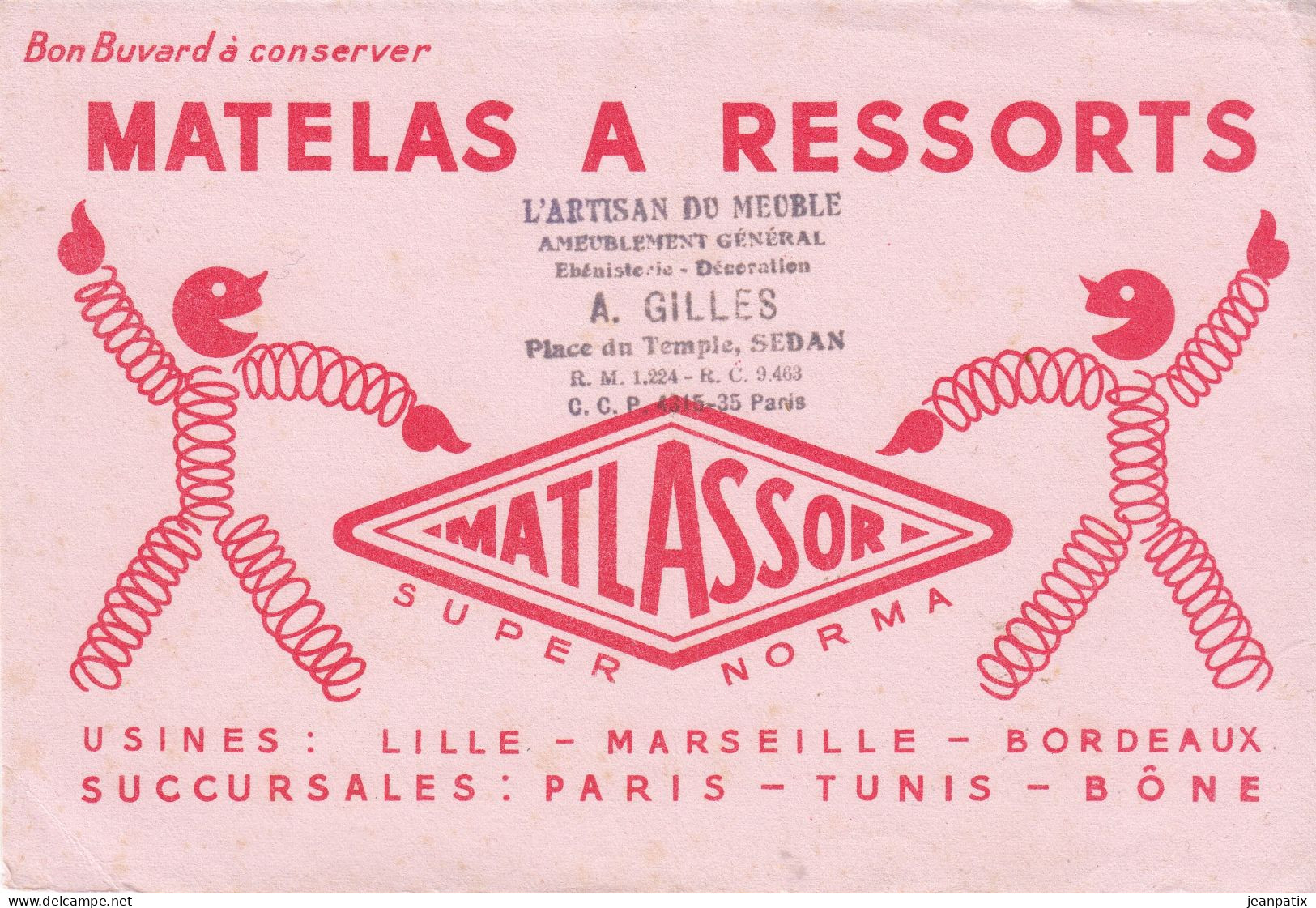 Buvard - Matelas A Ressorts Matlassor Usines Lille Marseille Bordeaux Succursales Paris Alger Bone - Tampon Gilles SEDAN - Other & Unclassified