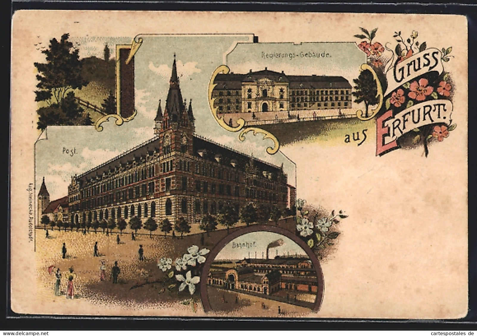 Lithographie Erfurt, Regierungs-Gebäude, Post, Bahnhof  - Erfurt