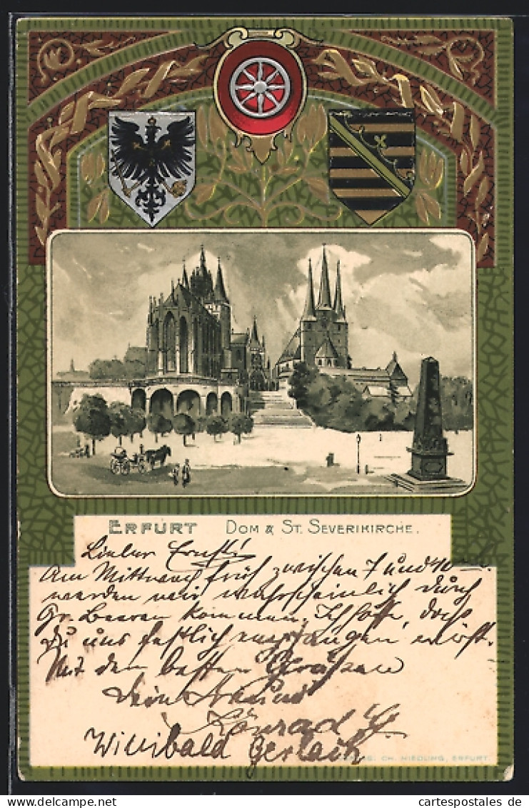 Passepartout-Lithographie Erfurt, Blick Auf Dom & Severikirche, Wappen  - Autres & Non Classés