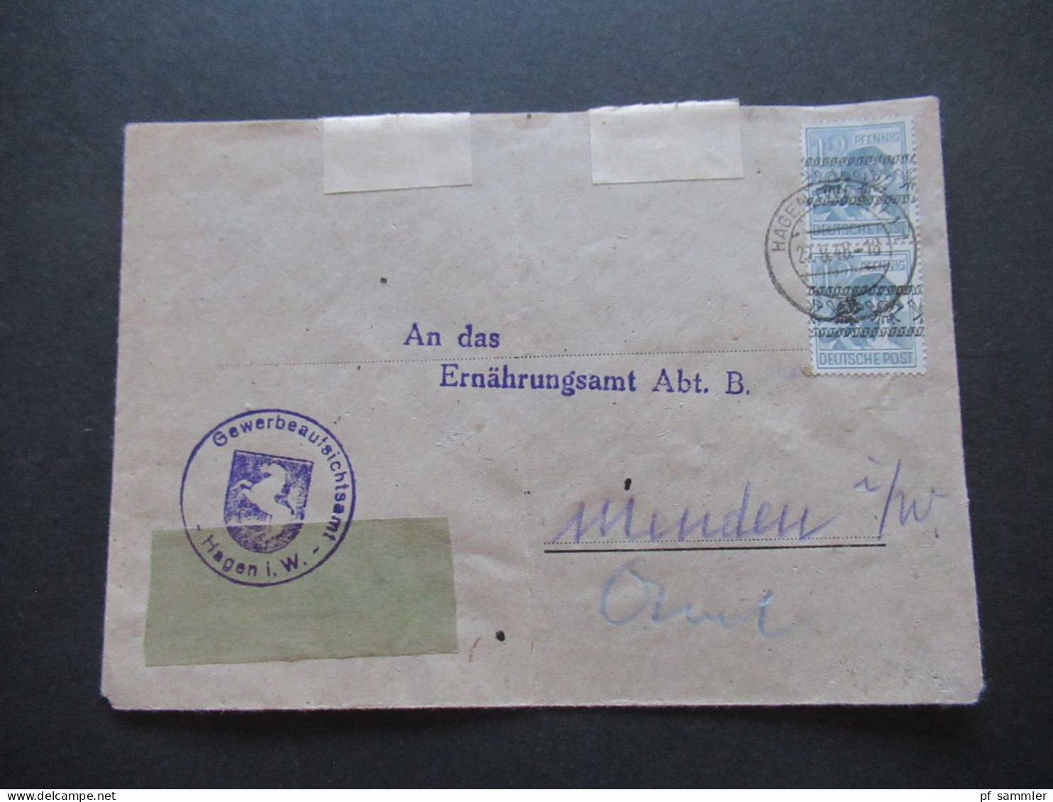27.8.1948 Bizone Nr.40 I (2) MeF Stempel Gewerbeaufsichtsamt Hagen In Westfalen An Das Ernährungsamt In Menden - Cartas & Documentos