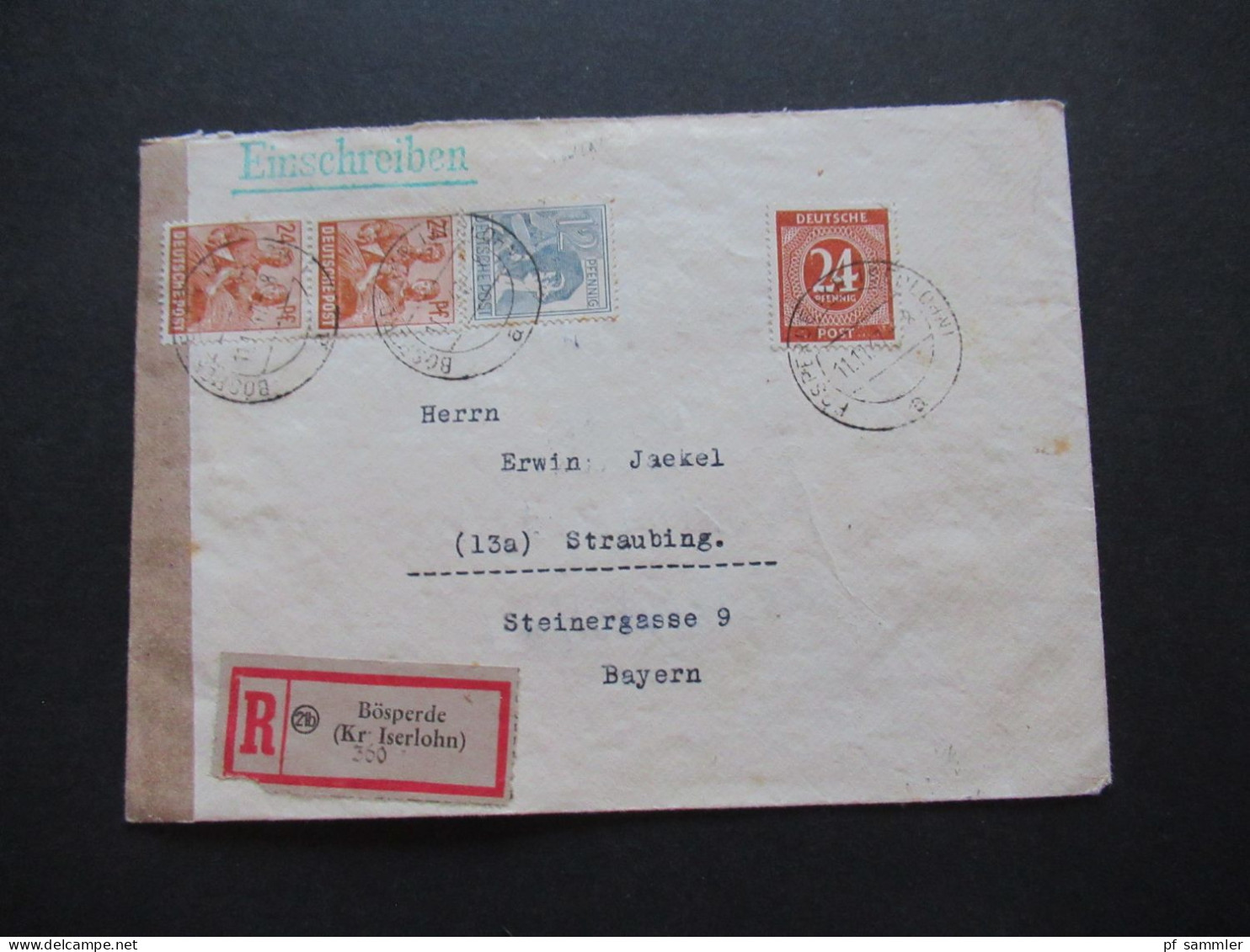 Kontrollrat 1947 Arbeiter / Ziffer MiF Einschreiben Bösperde (Kr. Iserlohn) - Straubing Bayern Gesendet Mit Ank. Stempel - Lettres & Documents