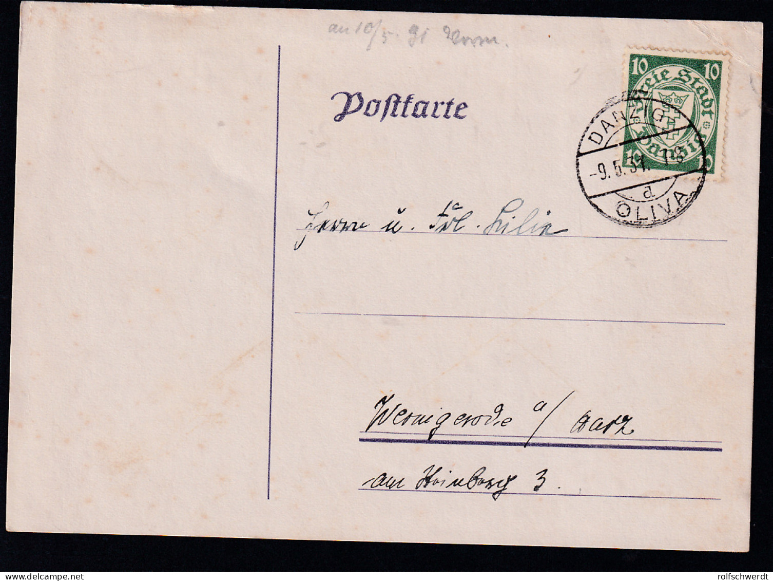 Wappen 10 Pfg. Auf Postkarte Abh Danzig-Oliva 9.5.31 Nach Wernigerode A/Harz - Sonstige & Ohne Zuordnung