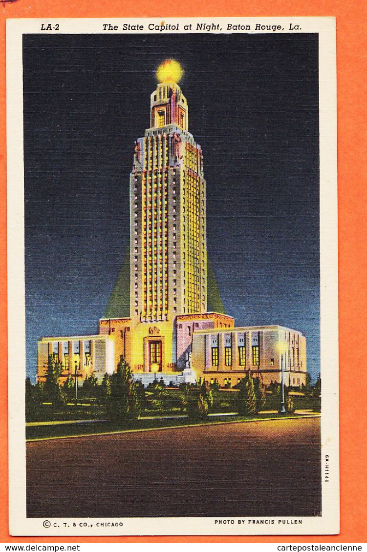 08072 ● Carte Toilée BATON-ROUGE LA-Louisiana State Capitol Night 1950s Photo By Francis PULLEN 6A-H1148 - Baton Rouge