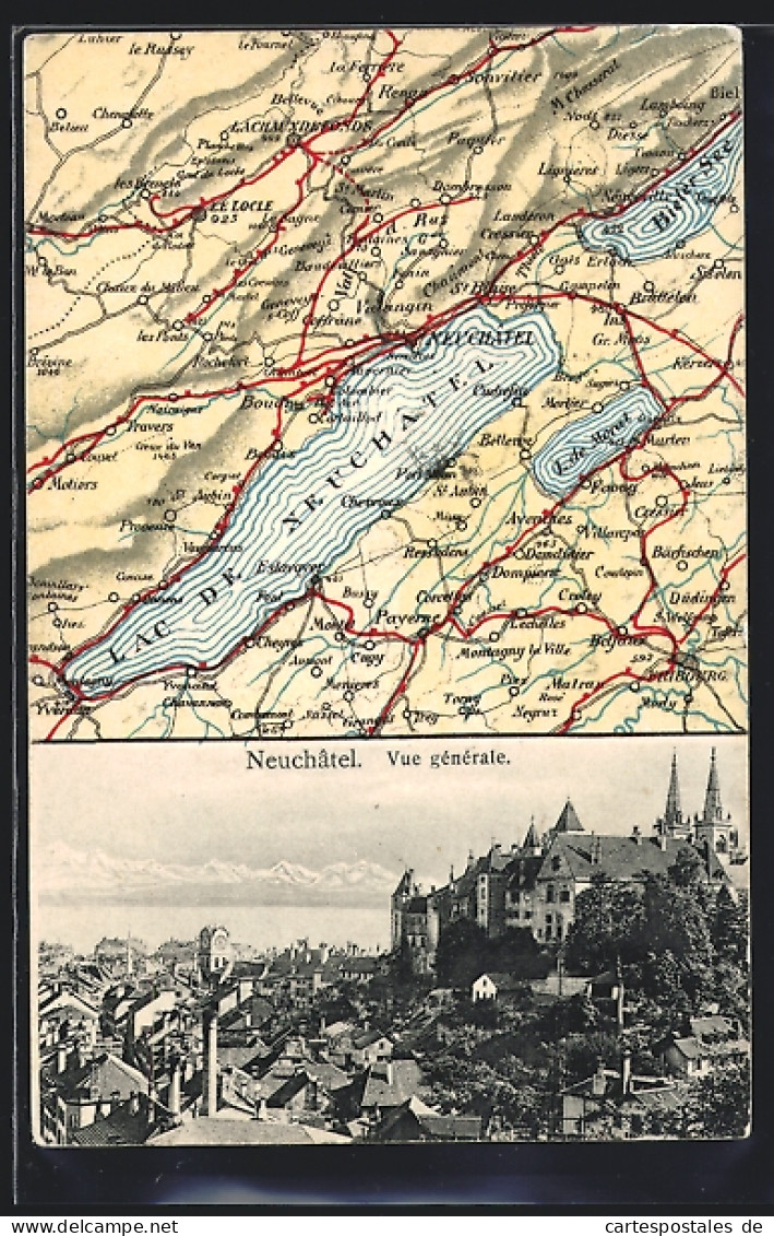 AK Neuchâtel, Vue Générale, Landkarte Mit Seen  - Neuchâtel