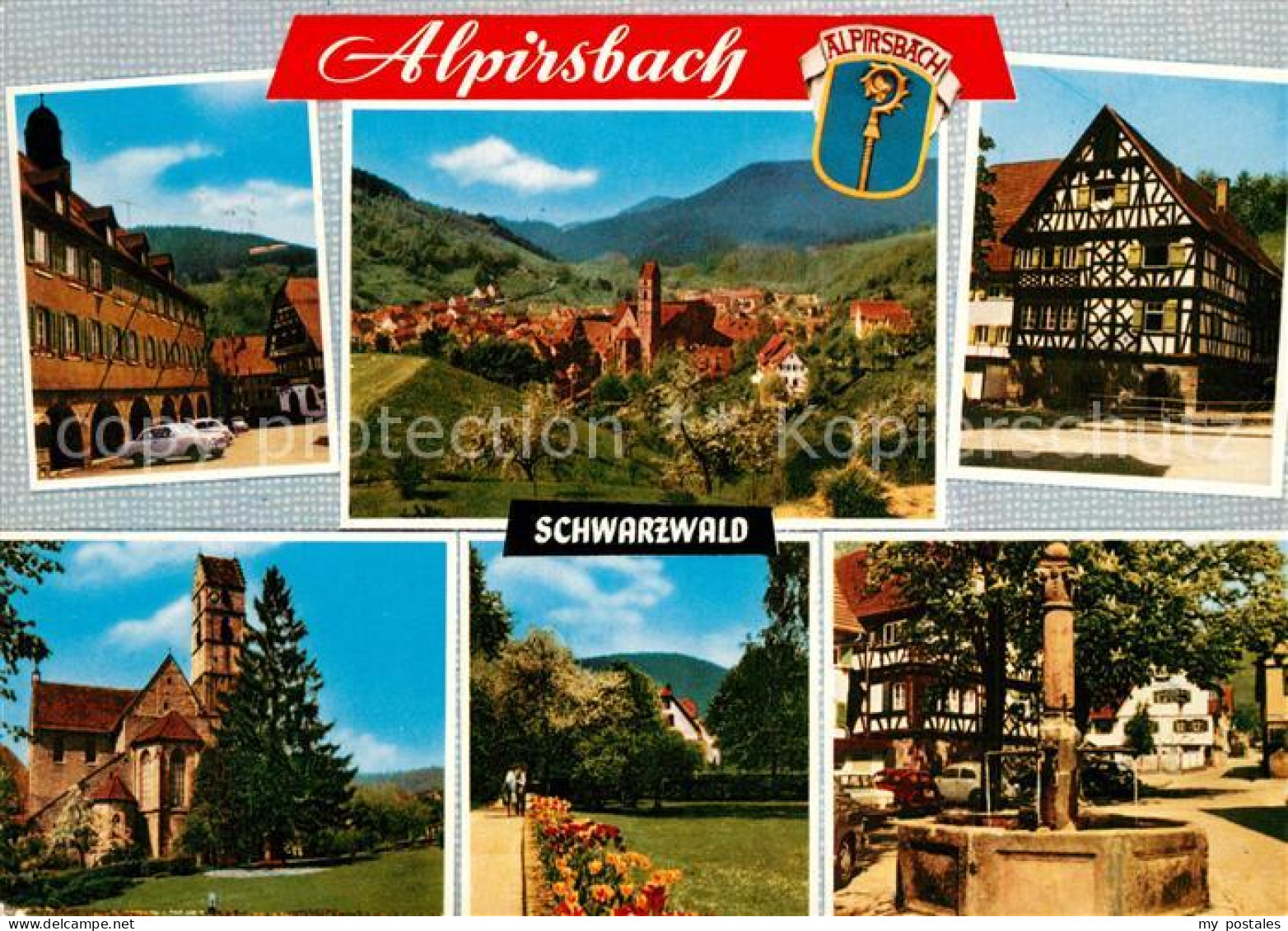 73273095 Alpirsbach Teilansichten Fachwerkhaeuser Brunnen Kirche Park Panorama S - Alpirsbach