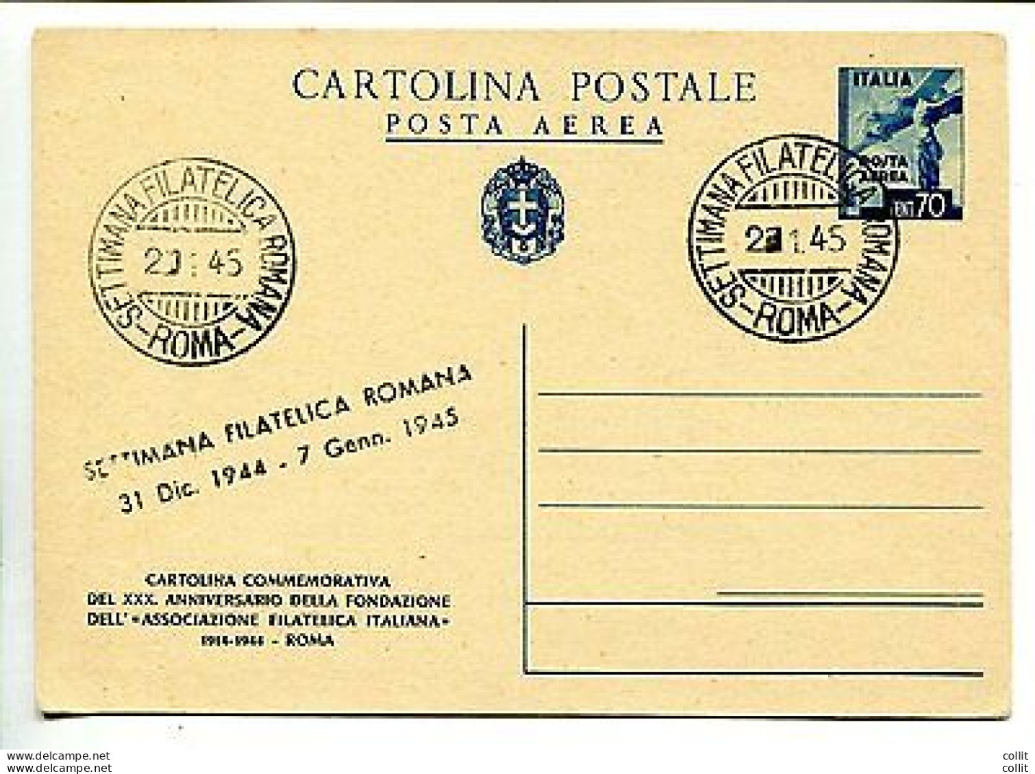 C.P. Cent. 70 "Posta Aerea" N. C 100 - Emissione Privata Dell'Ass. Fil. Italiana - Stamped Stationery