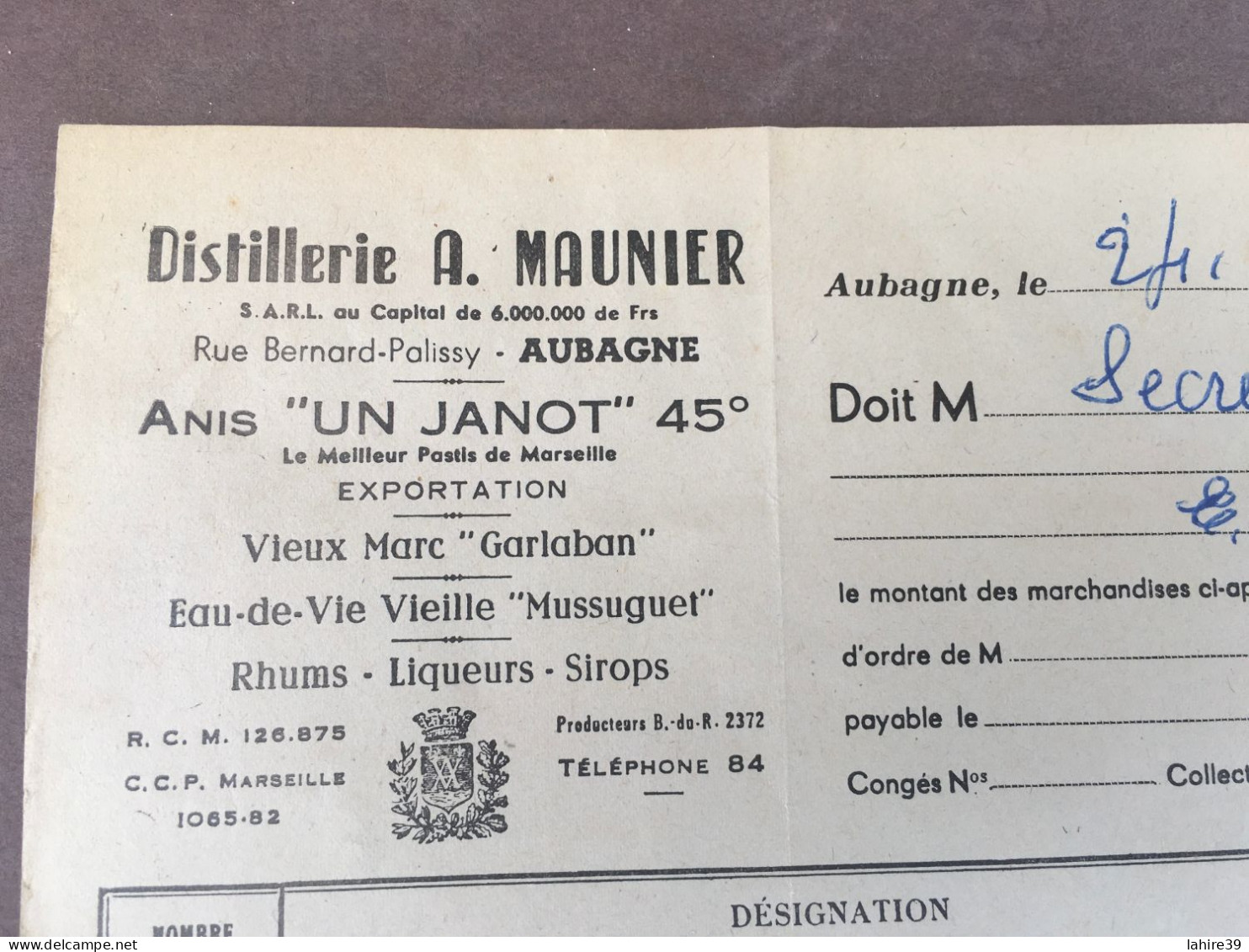 Facture / Distillerie A. Maunier / Aubagne / Alcool / Anis Janot 45 / 1955 - Levensmiddelen