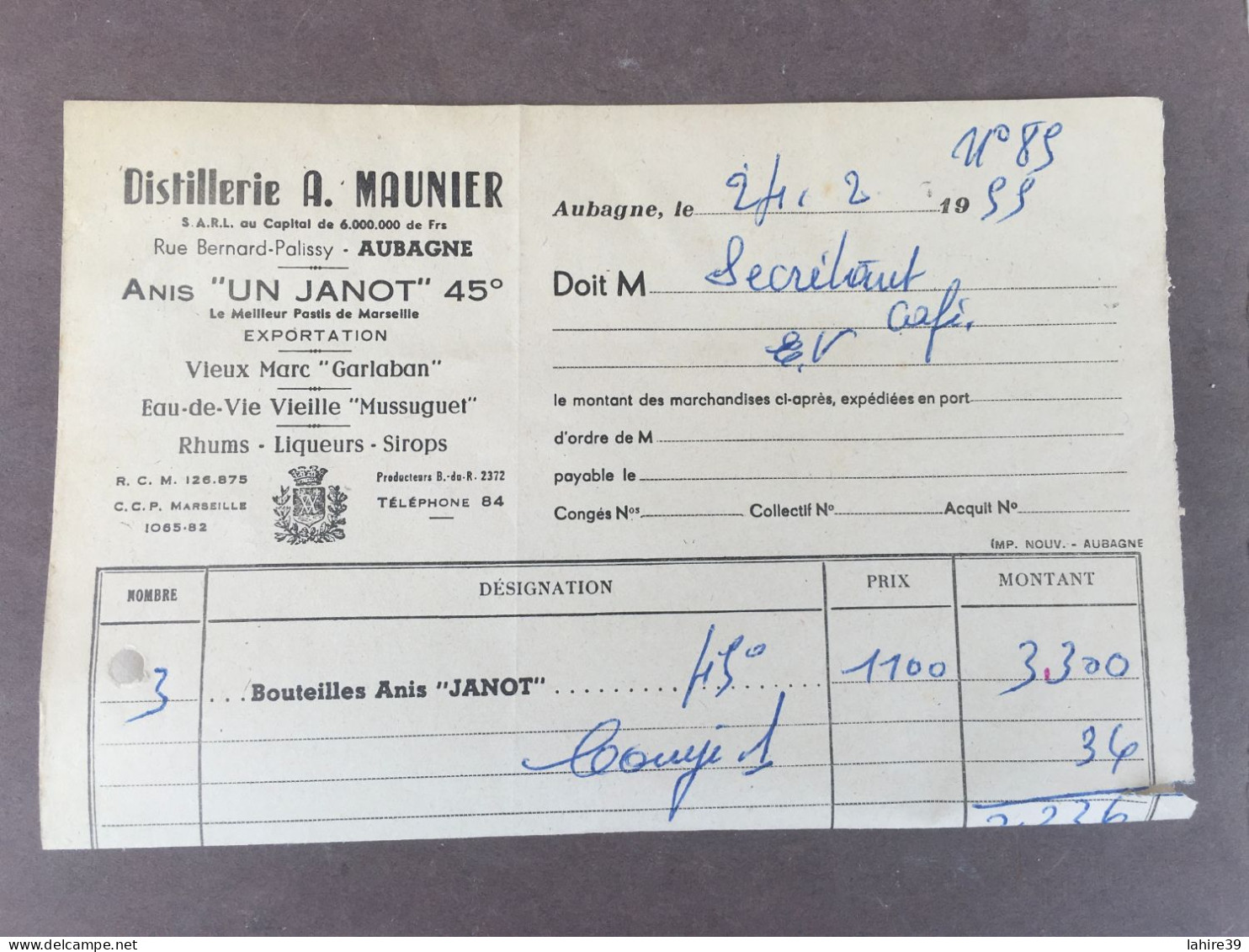 Facture / Distillerie A. Maunier / Aubagne / Alcool / Anis Janot 45 / 1955 - Lebensmittel