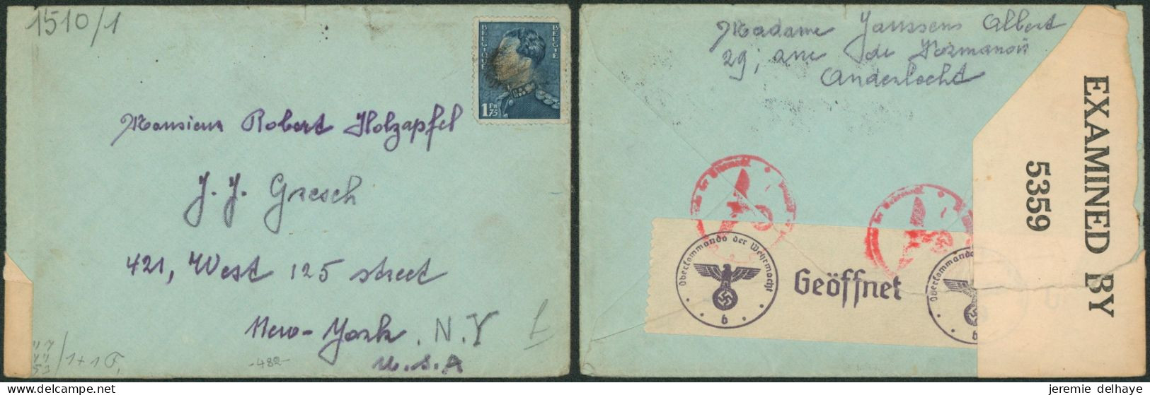 Poortman - N°430 Sur Lettre Annulation Fortune (Anderlecht) çàd Empreinte > New-York (USA), Double Censure. - 1936-51 Poortman