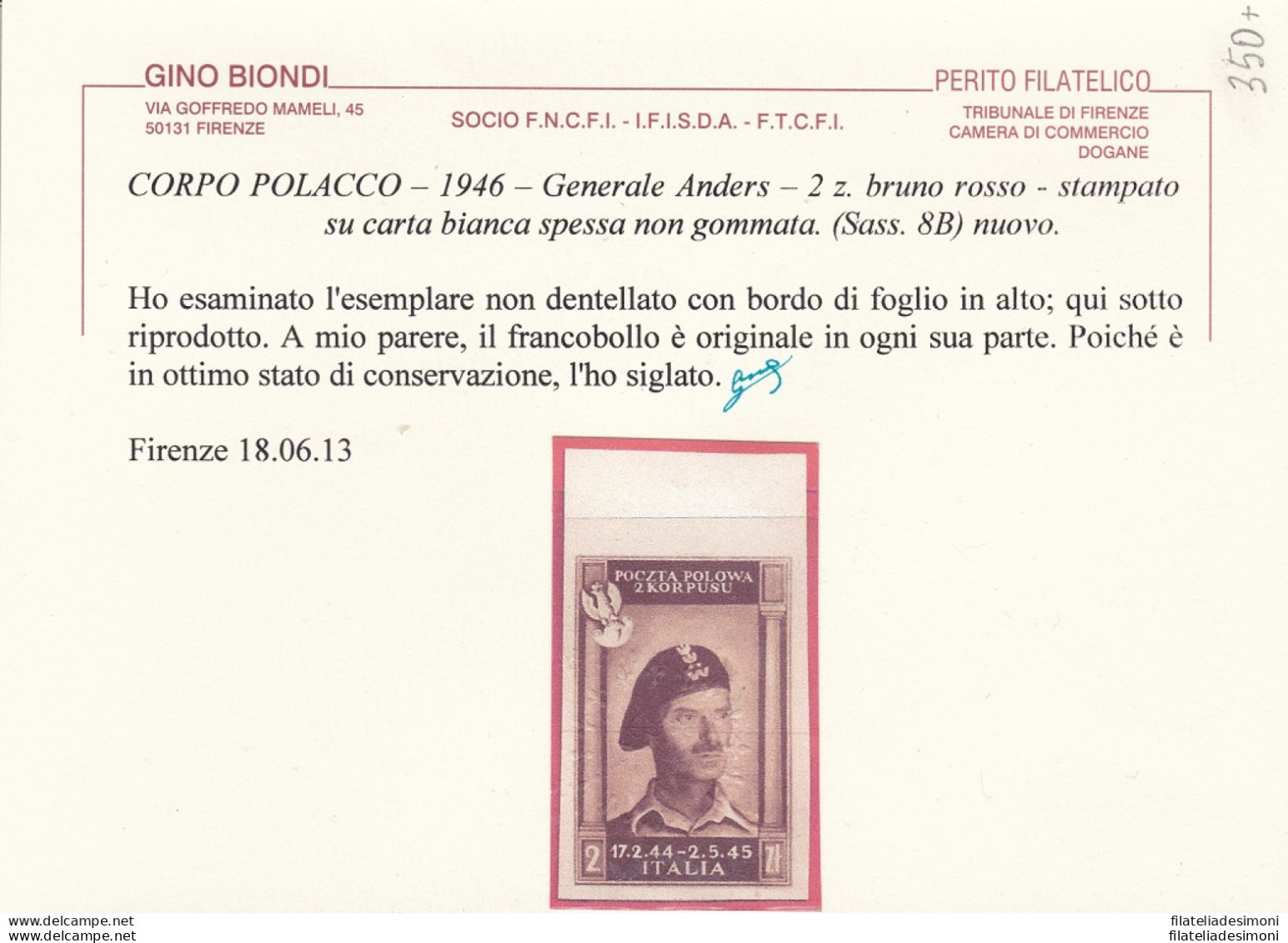 1946 CORPO POLACCO, N° 8B 2 Zl. Bruno Rosso NUOVO SENZA GOMMA Certificato Biondi BORDO DI FOGLIO - 1946-47 Corpo Polacco Period