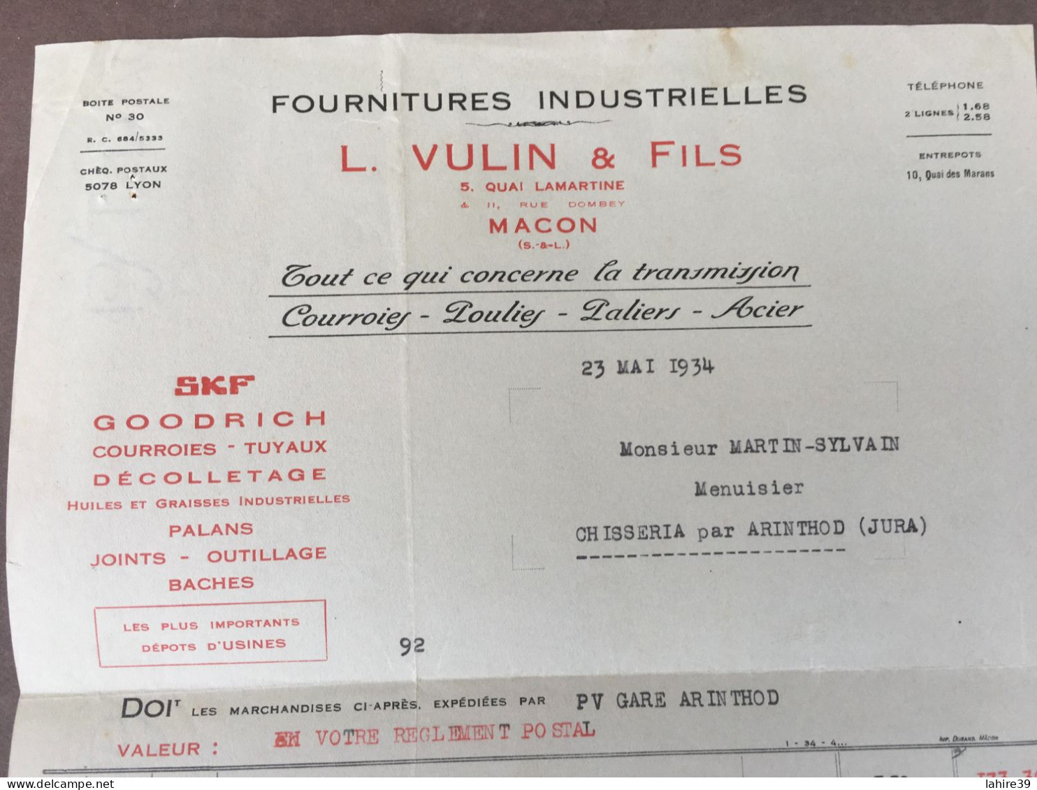 Facture / L.Vulin Et Fils / Macon / Fournitures Industrielles / Mécanique / 1934 - Food