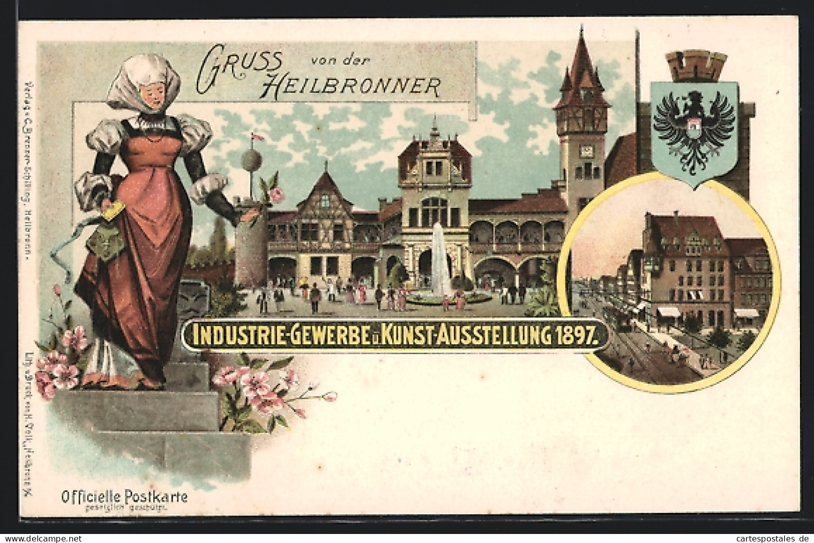 Lithographie Heilbronn, Industrie-Gewerbe Und Kunst-Ausstellung 1897, Strassenpartie Im Zentrum  - Tentoonstellingen