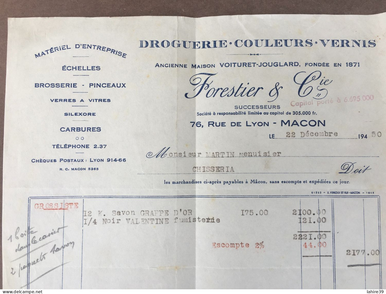 Facture / Forestier Et Cie / Macon / Droguerie / Peinture / Couleurs / 1950 - Perfumería & Droguería